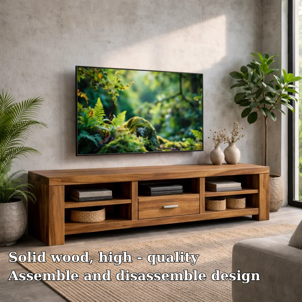 Solid Wood TV Stand with Open Shelves and Drawer – Modern Living Room Media Console