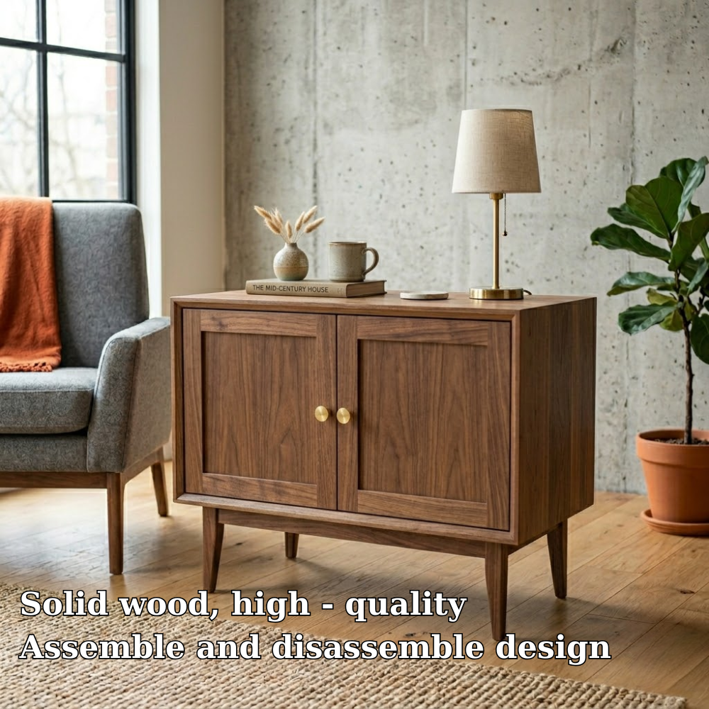 Solid Wood End Table with Double Doors – Mid Century Modern Bedside Side Table