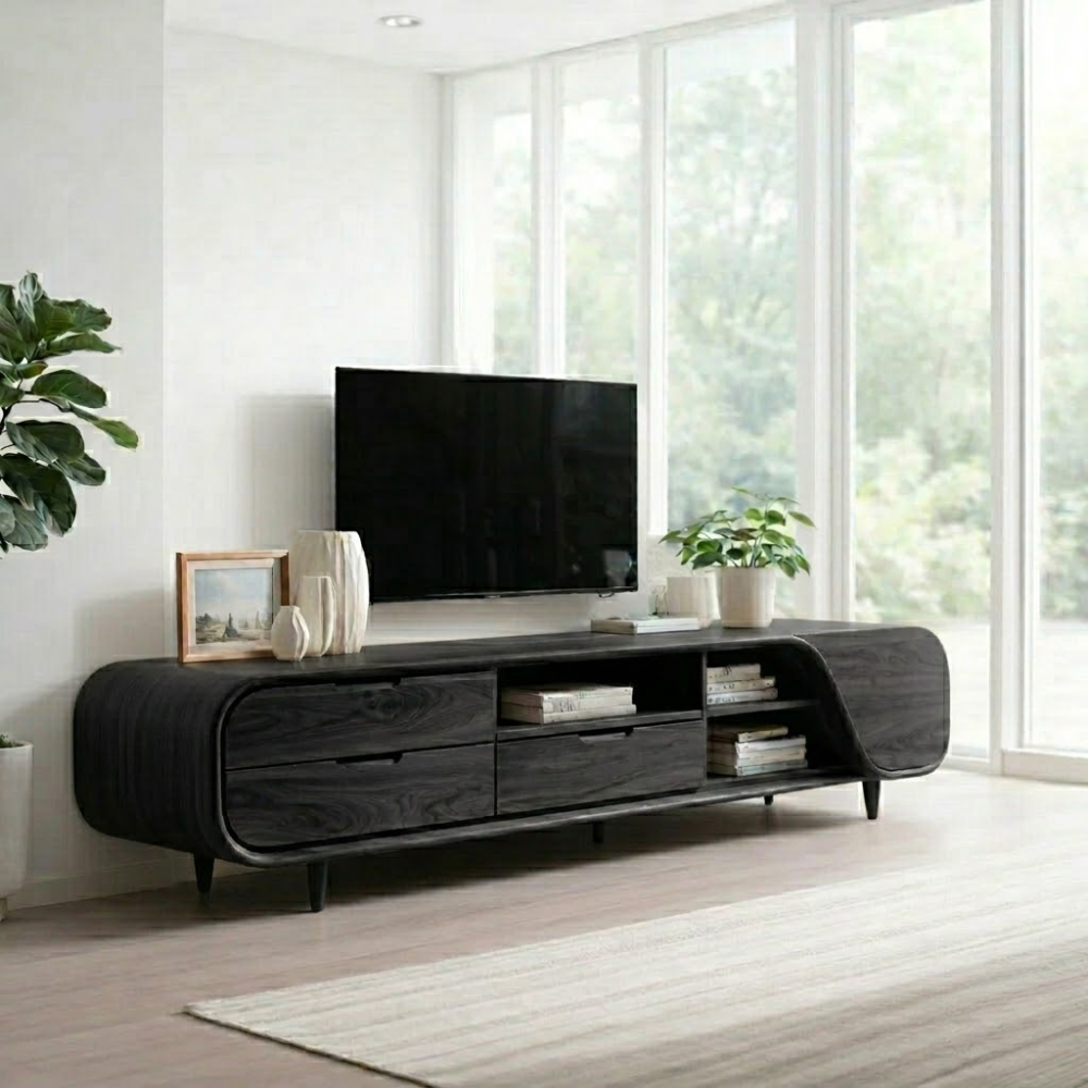 Solid Wood Media Console with Curved Ends & Drawers, Modern TV Stand Cabinet