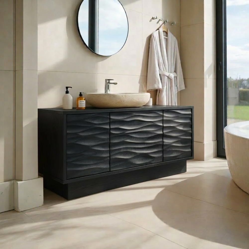 Solid Wood Bathroom Vanity with Wave-Design Front – Modern Storage Cabinet