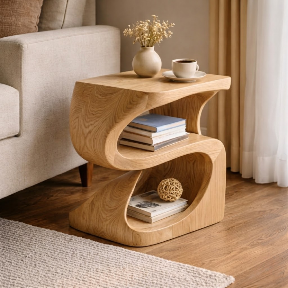 Solid Wood Sculptural End Table with Open Shelf – Modern Curved Side Table