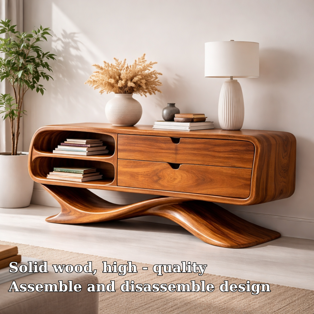 Solid Wood Sculptural Console Cabinet with Drawers & Open Shelf – Modern Curved Base