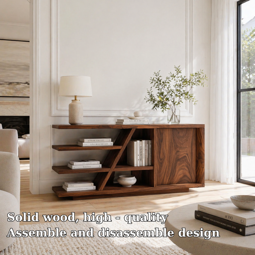 Solid Wood Console Sideboard with Open Shelves – Modern Walnut Storage Cabinet