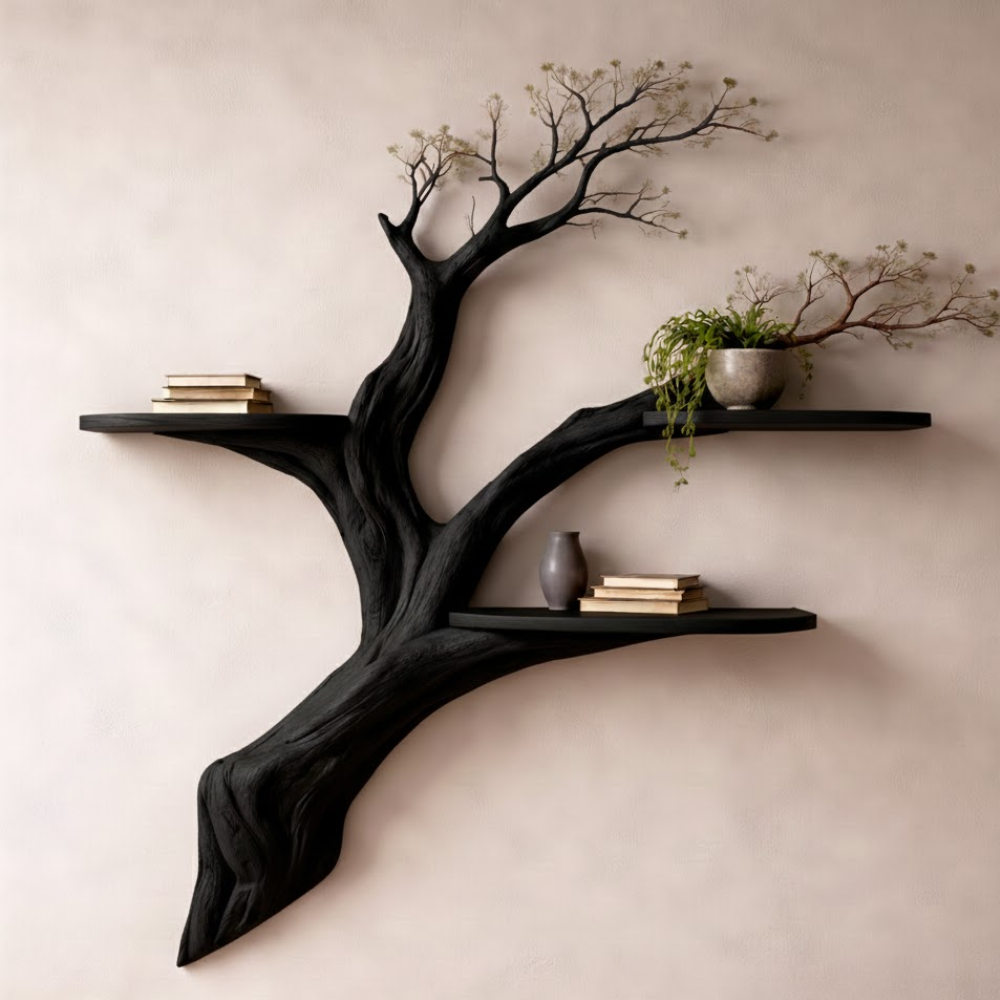 Handcrafted Solid Wood Tree Branch Wall Shelf - Rustic Floating Bookshelf & Kitchen Decor