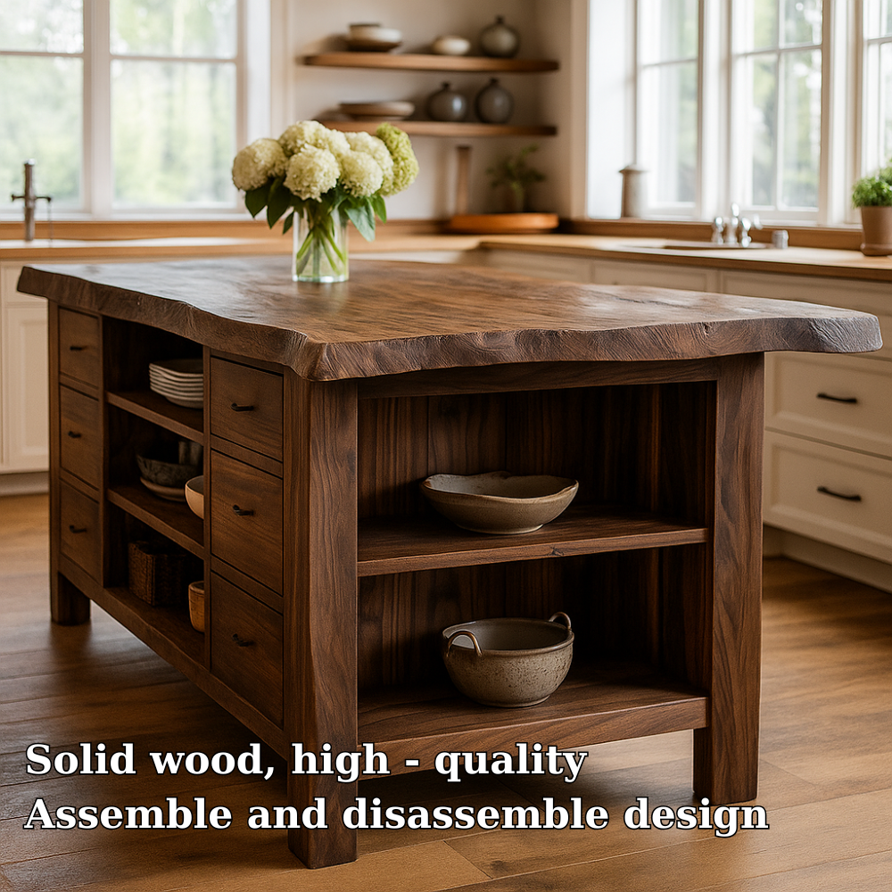 Rustic Solid Wood Kitchen Island with Live Edge Top, Storage Drawers & Open Shelving