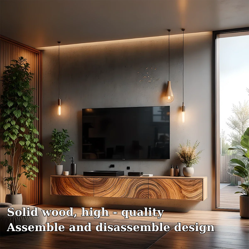 Solid Wood Floating TV Stand Walnut Wall Mounted Media Console with Storage