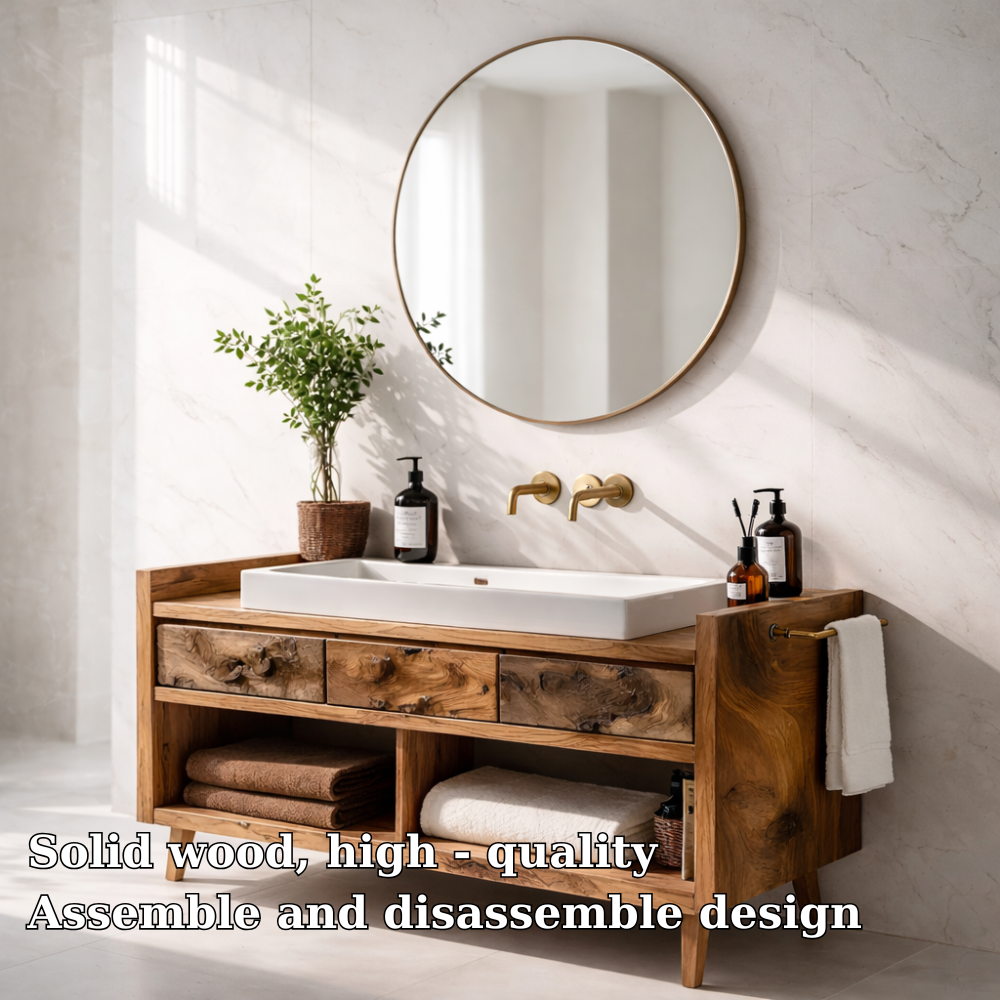 Solid Wood Bathroom Vanity Cabinet with Open Shelf – Rustic Modern, No Sink