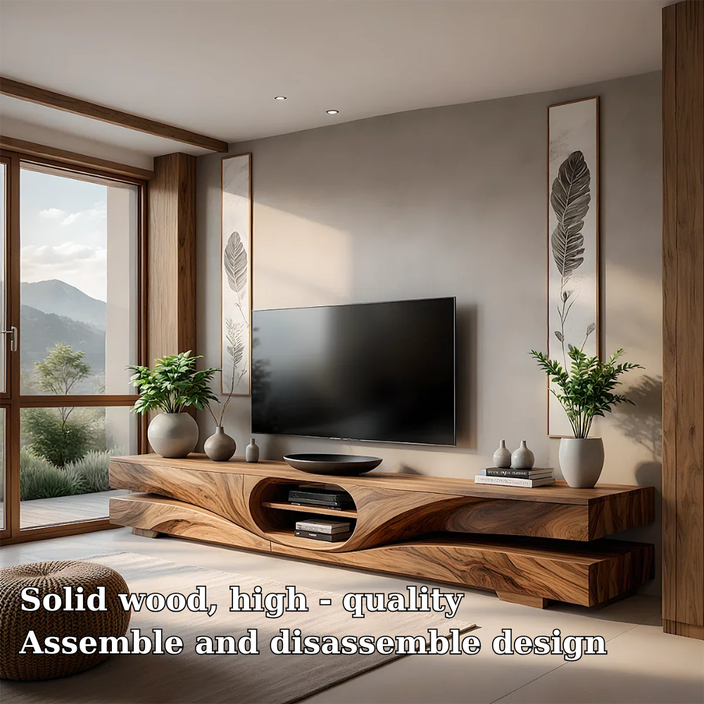 Solid Wood TV Stand Modern Walnut Floating Media Console with Open Storage