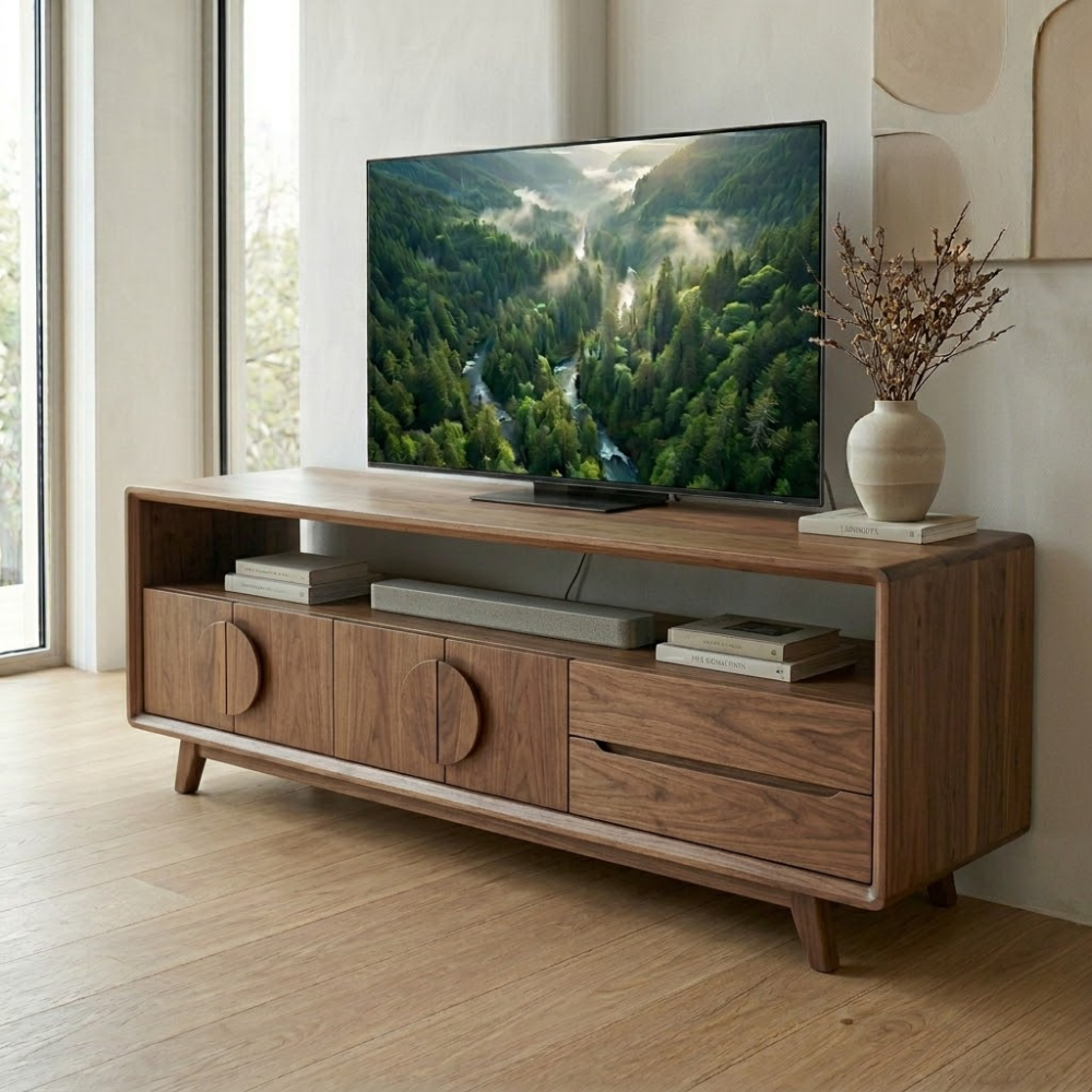 Mid Century Solid Wood Media Console with Storage – Modern TV Stand Cabinet