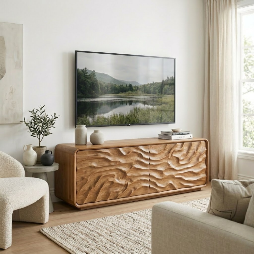 Solid Wood Media Console with Sculpted Doors, Modern TV Stand Cabinet with Storage