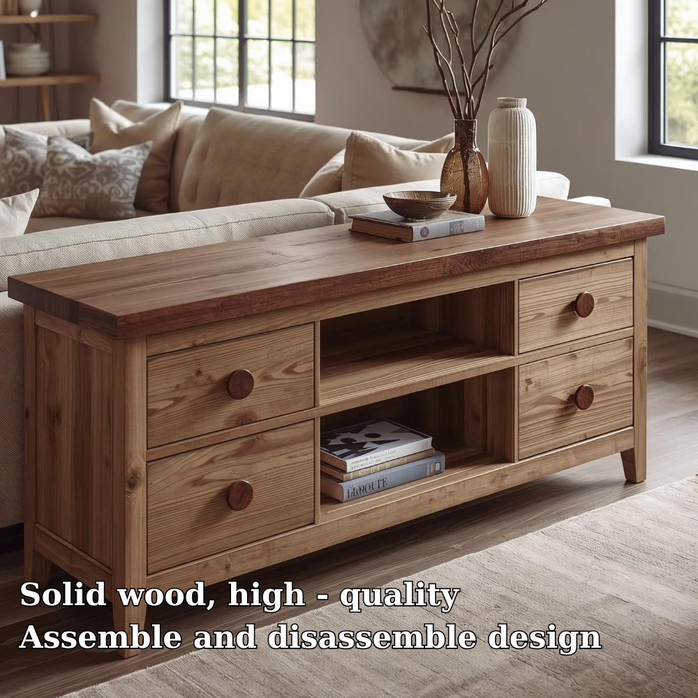 Solid Wood Console Cabinet with 2 Drawers & Open Shelving – Modern Storage Solution