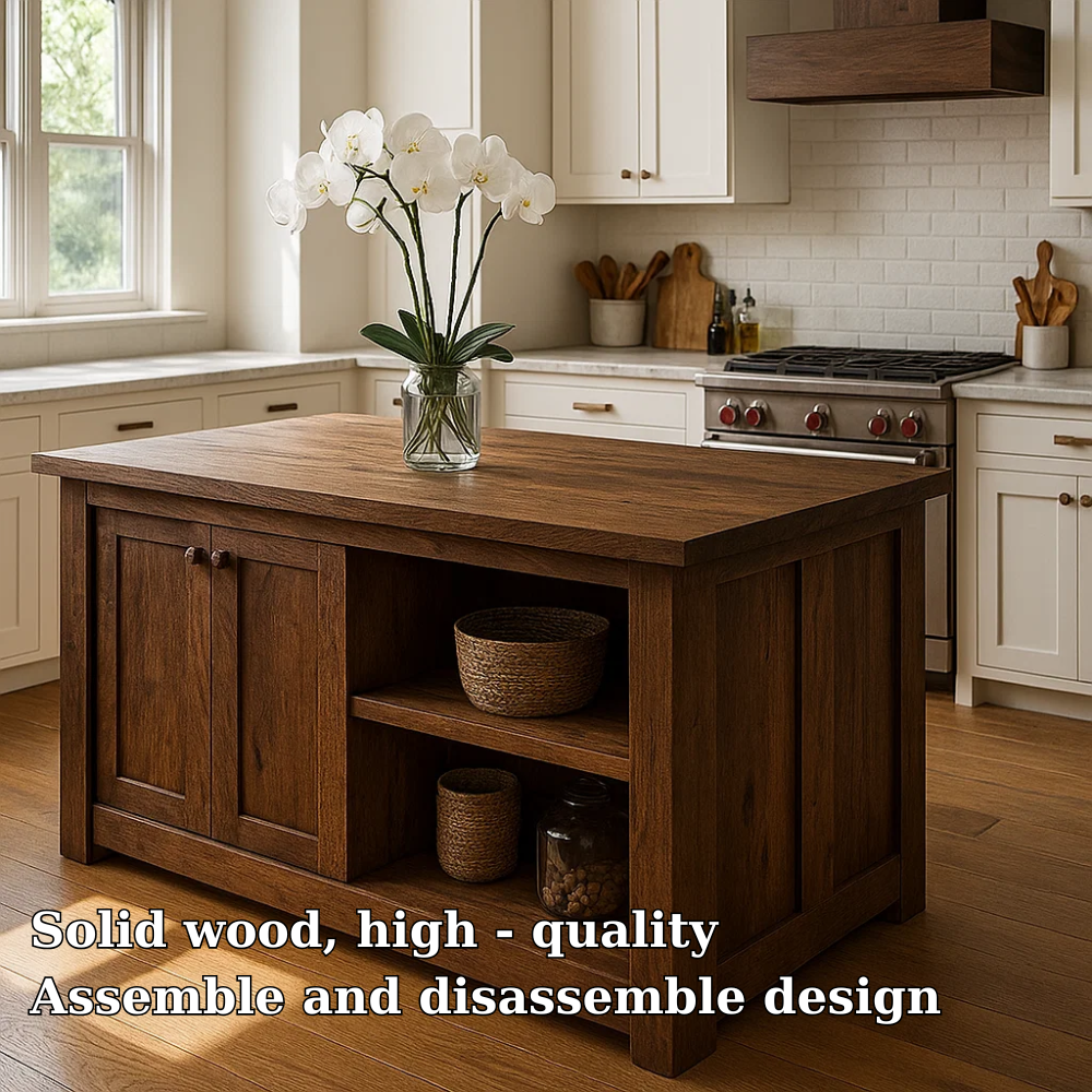 Live Edge Solid Wood Kitchen Island - Rustic Farmhouse Butcher Block Prep Table with Storage