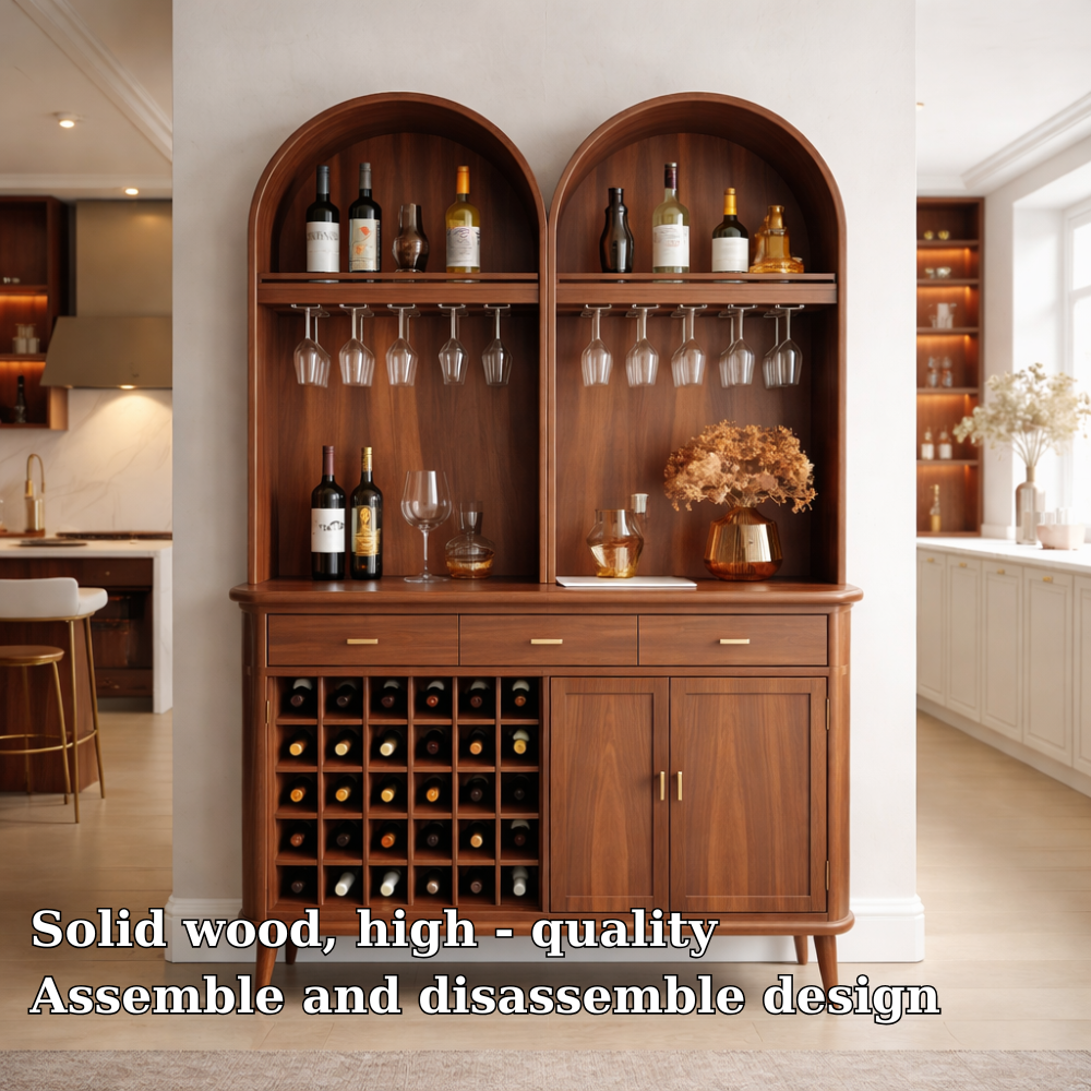 Solid Wood Arched Bar Cabinet with Wine Rack and Hanging Glass Storage