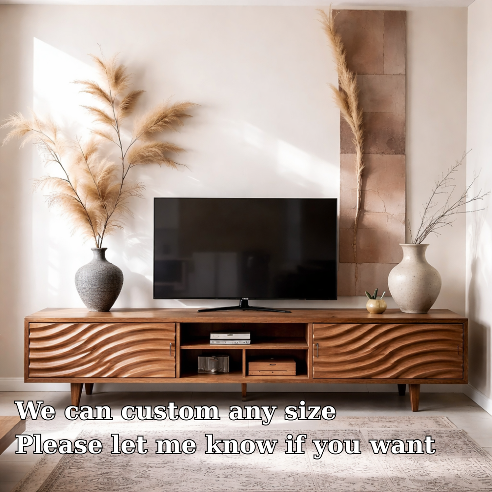 Solid Wood Media Console with Wave Doors – Modern TV Stand Storage Cabinet
