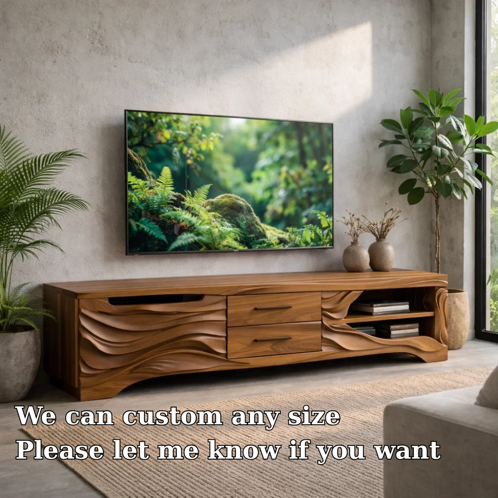 Solid Wood TV Stand with Carved Wave Front – Modern Media Console for Living Room