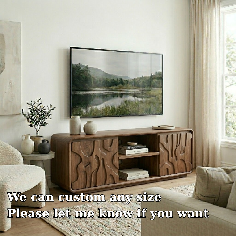 Solid Wood Media Console with Carved Doors, Modern TV Stand with Open Storage