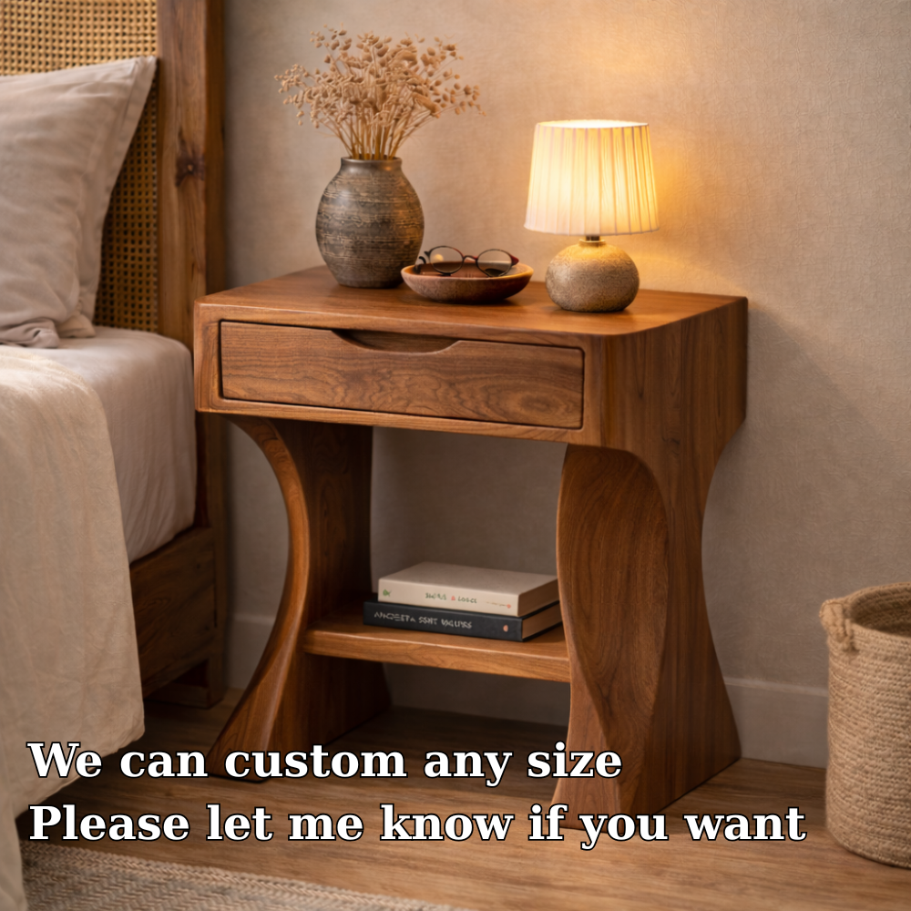 Solid Walnut Nightstand with Drawer and Shelf – Modern Curved Wood Bedside Table