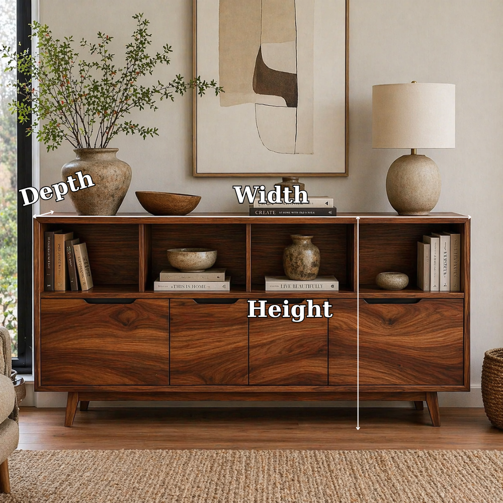 Mid Century Solid Wood Sideboard Cabinet with Drawers & Open Shelf Storage