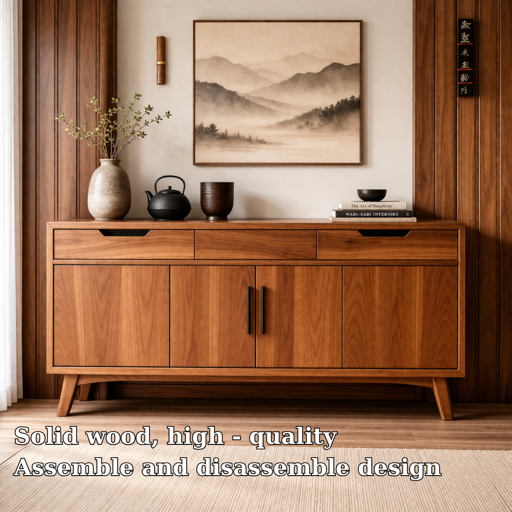 Mid-Century Solid Wood Console Cabinet with 2 Drawers and 4 Doors Storage