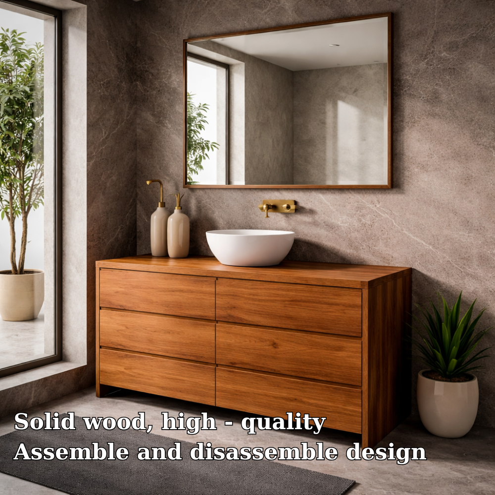 Solid Wood Bathroom Vanity Cabinet with 6 Drawers – Modern Walnut Bathroom Storage