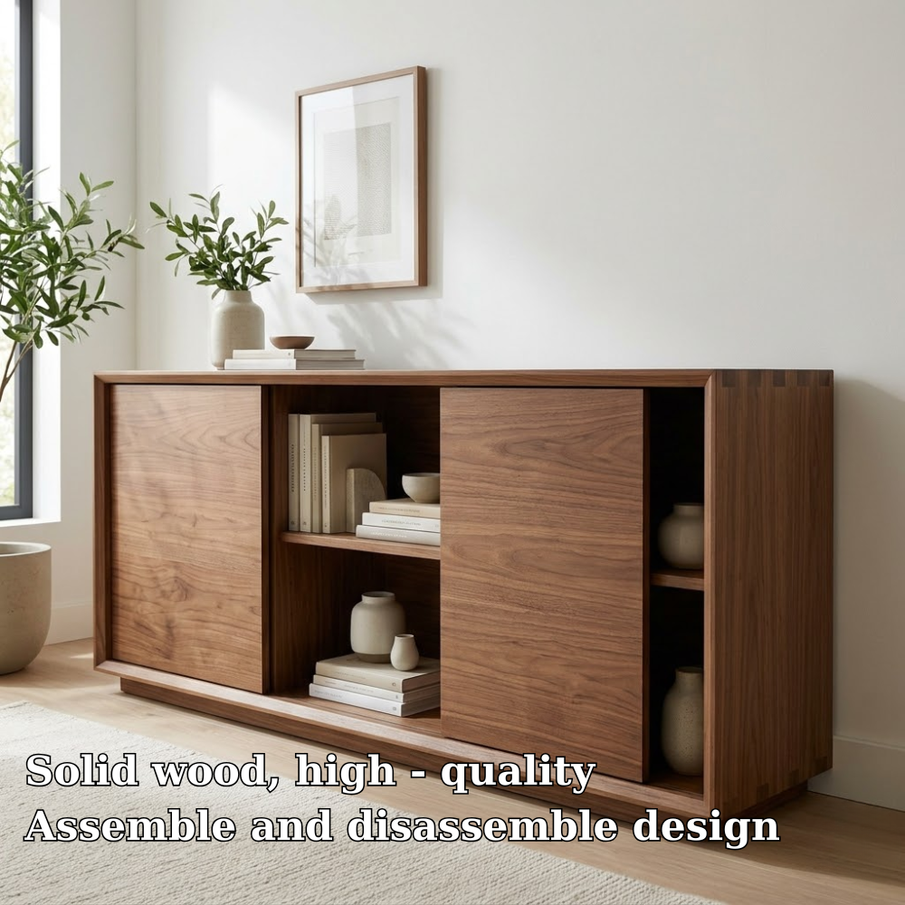 Walnut Console Cabinet with Sliding Doors – Modern Wood Storage Sideboard