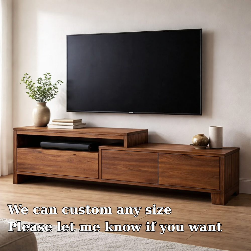 Solid Wood TV Console with Storage Cabinets and Media Shelf