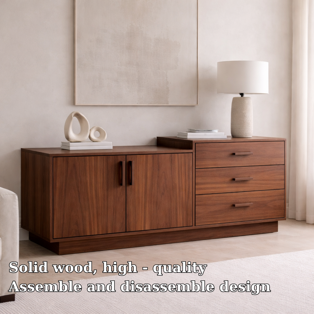 Solid Wood Sideboard Cabinet with 3 Drawers and Double Door Storage
