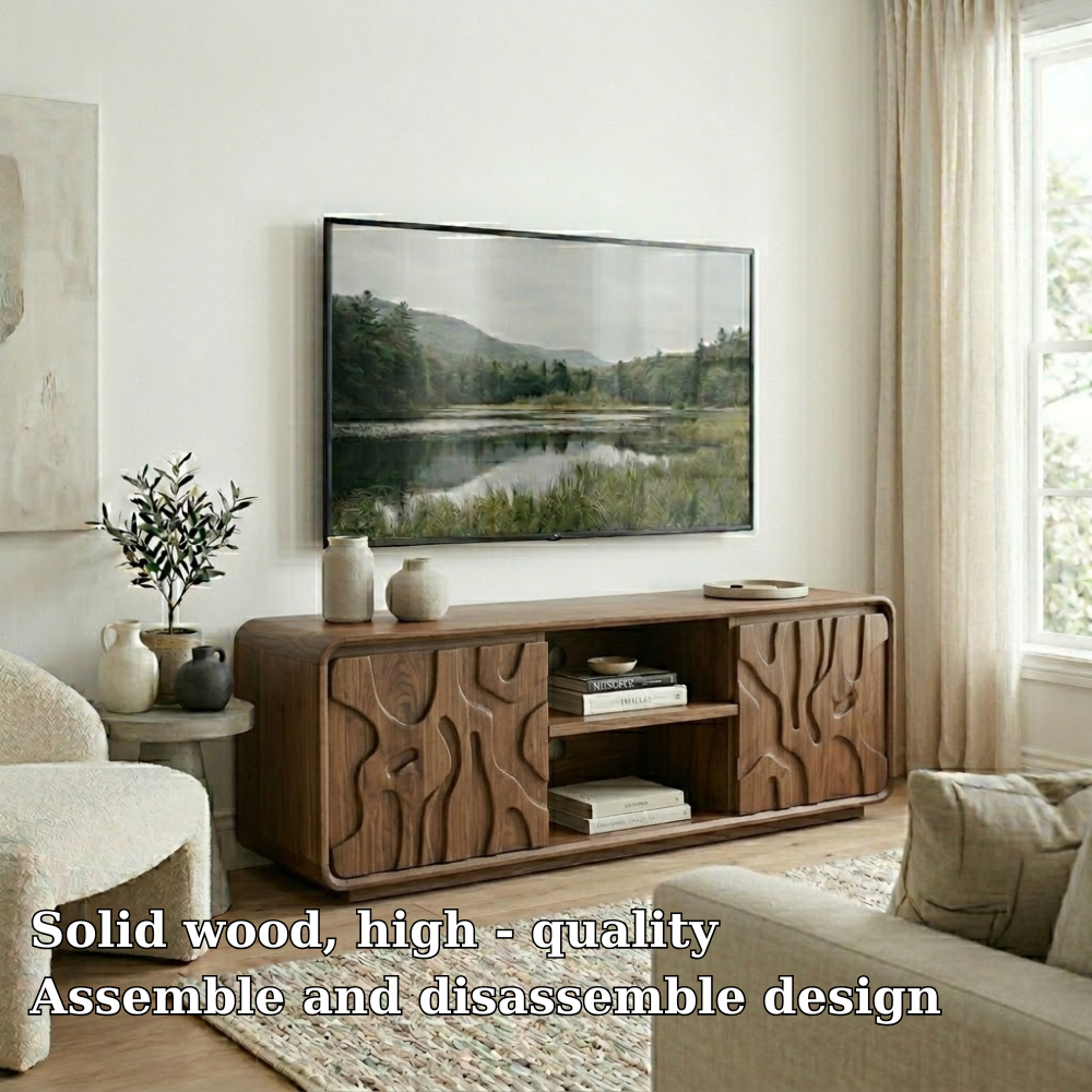 Solid Wood Media Console with Carved Doors, Modern TV Stand with Open Storage