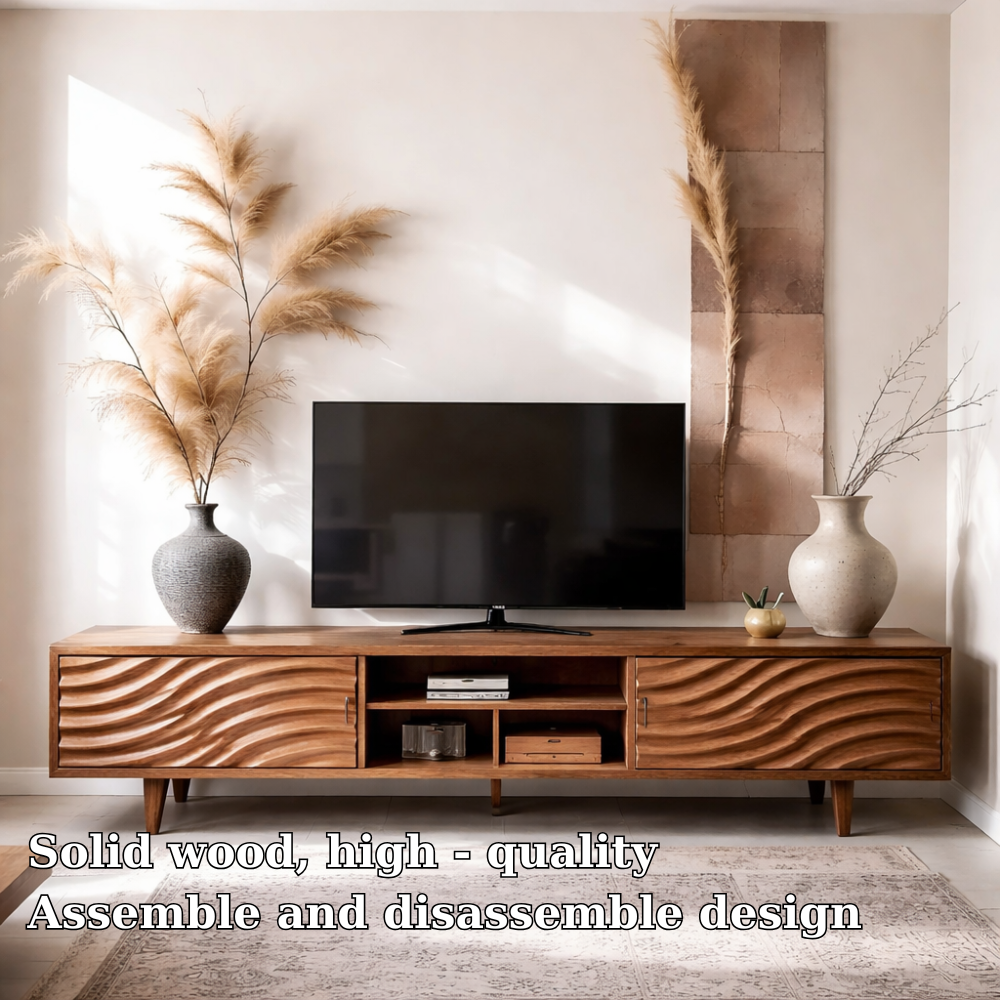 Solid Wood Media Console with Wave Doors – Modern TV Stand Storage Cabinet