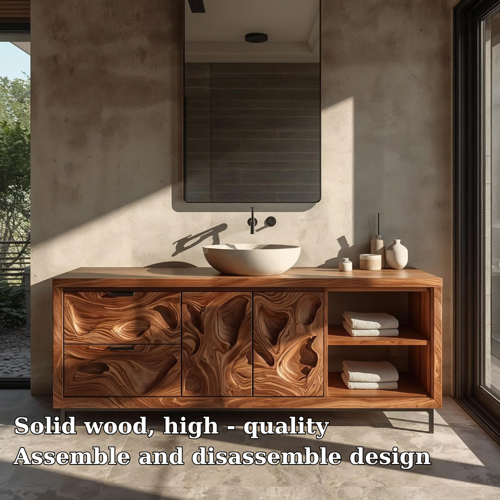 Solid Wood Bathroom Vanity with Sculpted Organic Design – Modern Storage Cabinet
