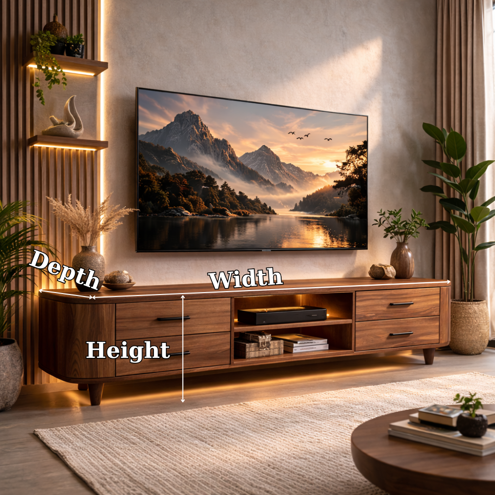 Mid Century Solid Wood TV Stand with Drawers and Open Shelf – Modern Media Console