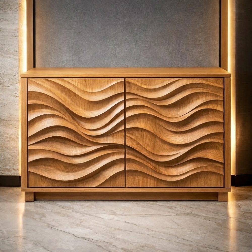 Wave-Pattern Solid Wood Console Cabinet | Modern Home Storage | Elegant Design