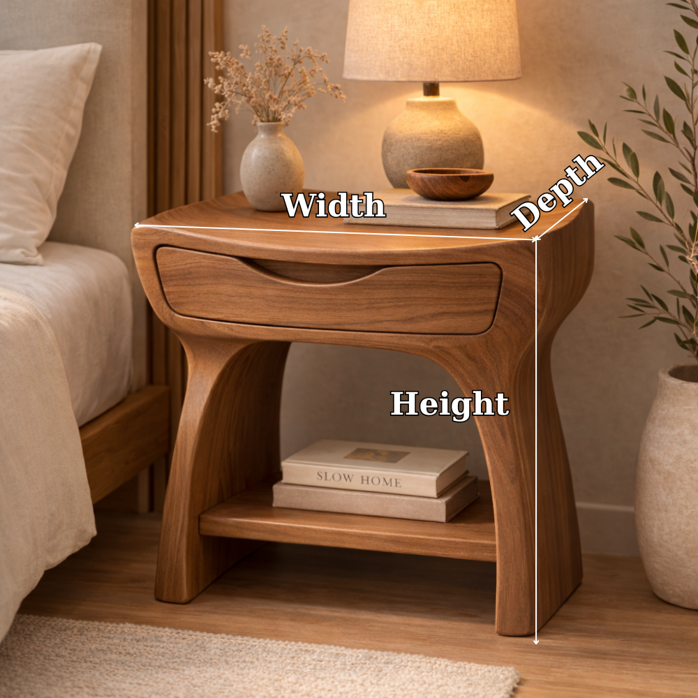 Solid Wood Nightstand with Drawer and Shelf – Modern Curved Bedside Table