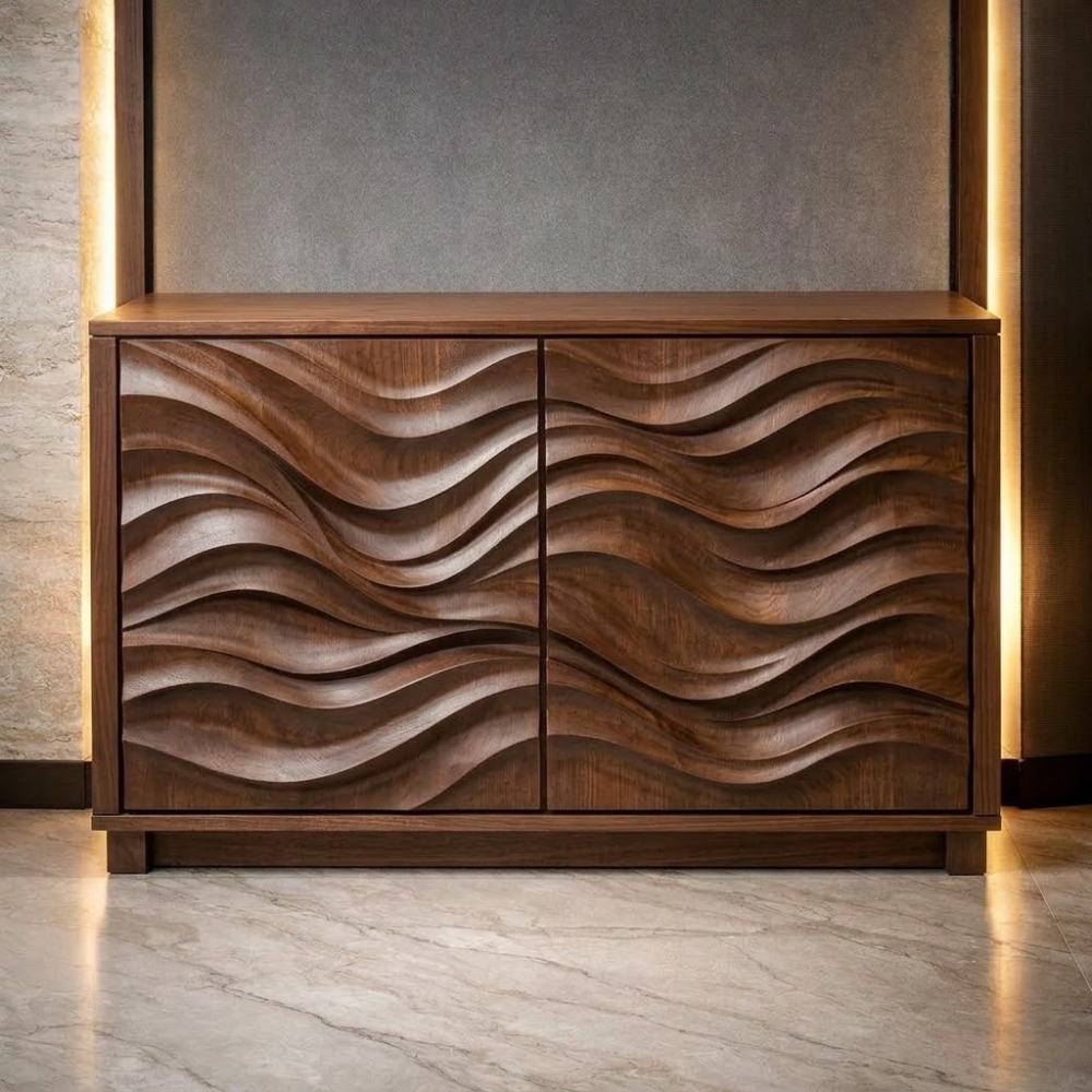 Wave-Pattern Solid Wood Console Cabinet | Modern Home Storage | Elegant Design