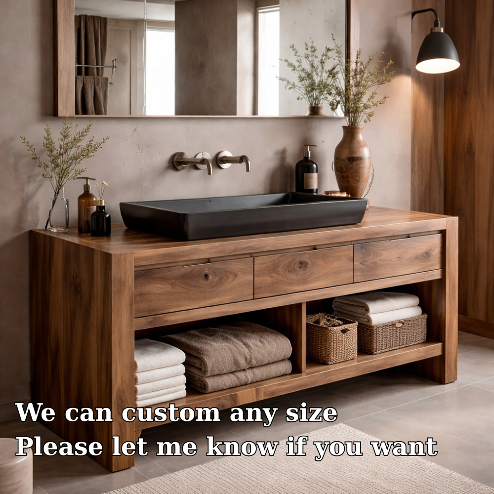 Solid Wood Bathroom Vanity Cabinet with Drawers & Open Shelf – Modern Walnut Vanity Base