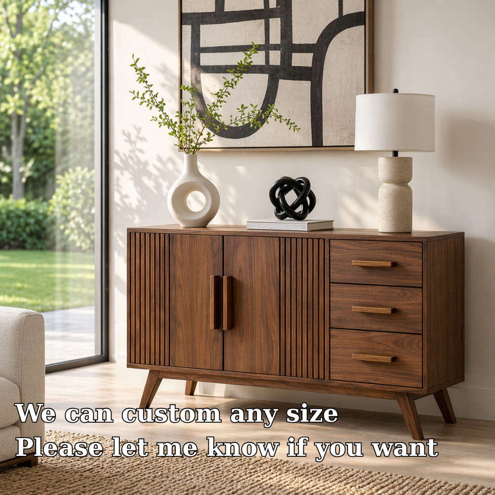 Solid Wood Console Sideboard with Slatted Design – Modern Walnut Storage Cabinet