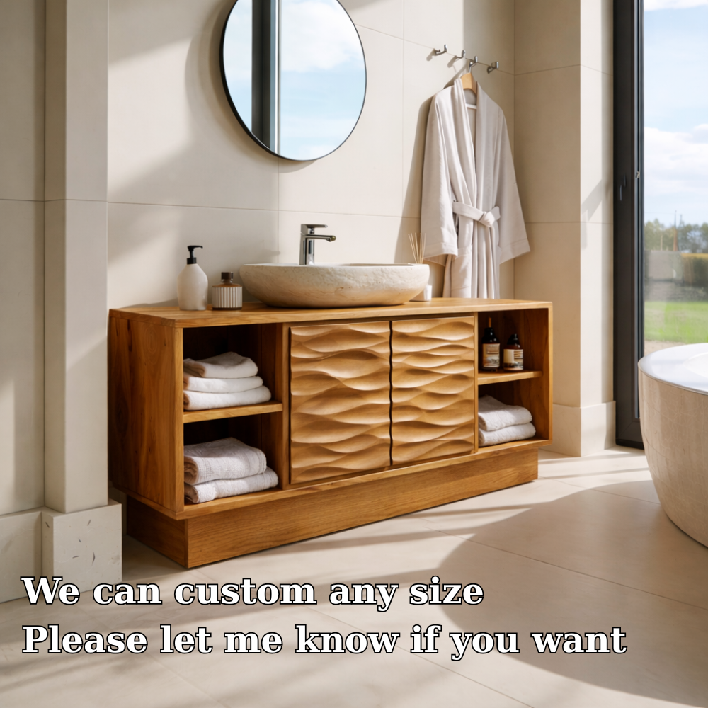 Modern Solid Wood Bathroom Vanity with Wave-Patterned Doors – Storage Cabinet