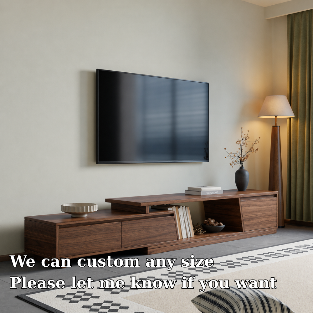 Solid Wood Media Console, Modern Low TV Stand with Open Shelf and Storage Cabinet