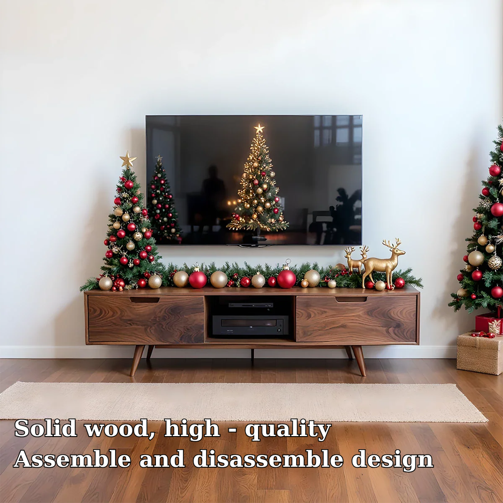 Solid Wood TV Stand Mid Century Walnut Media Console with Storage Cabinet