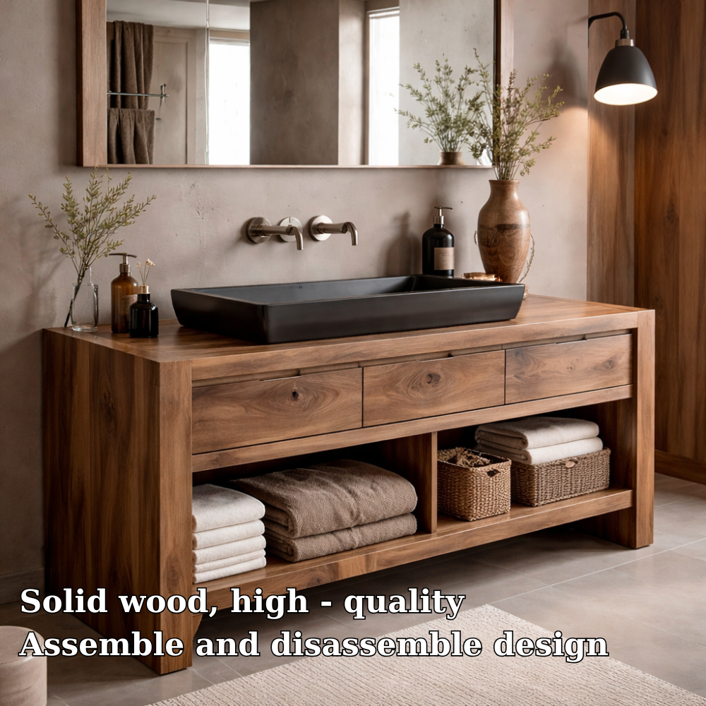 Solid Wood Bathroom Vanity Cabinet with Drawers & Open Shelf – Modern Walnut Vanity Base