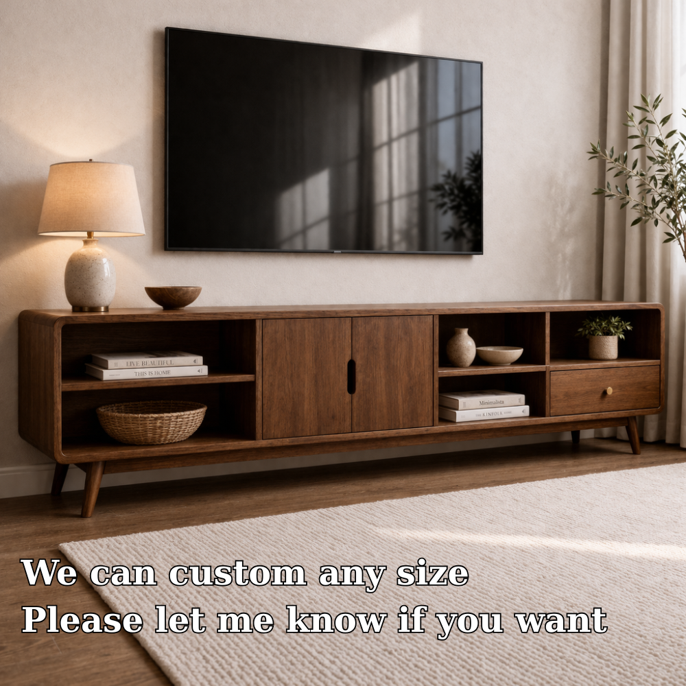 Solid Wood TV Console with Cabinets and Open Shelf Storage