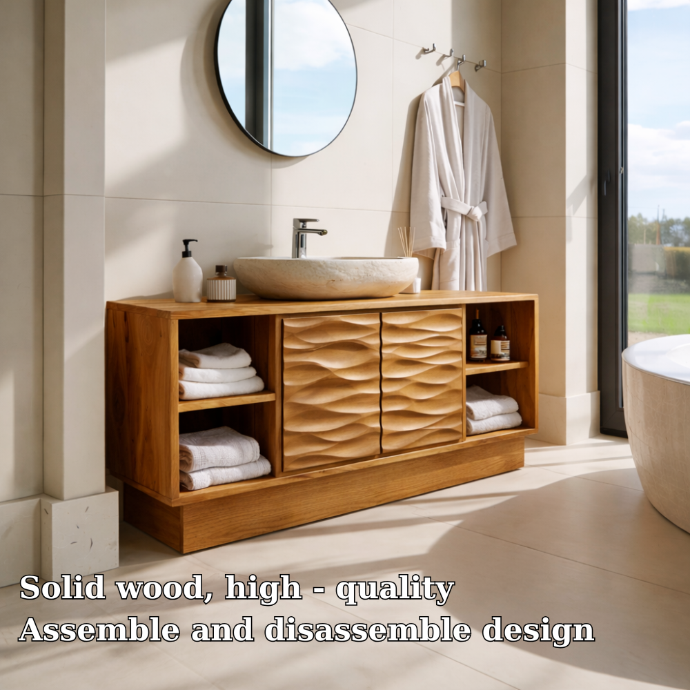 Modern Solid Wood Bathroom Vanity with Wave-Patterned Doors – Storage Cabinet