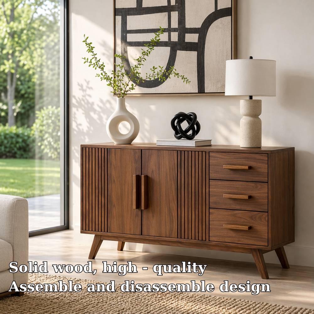 Solid Wood Console Sideboard with Slatted Design – Modern Walnut Storage Cabinet