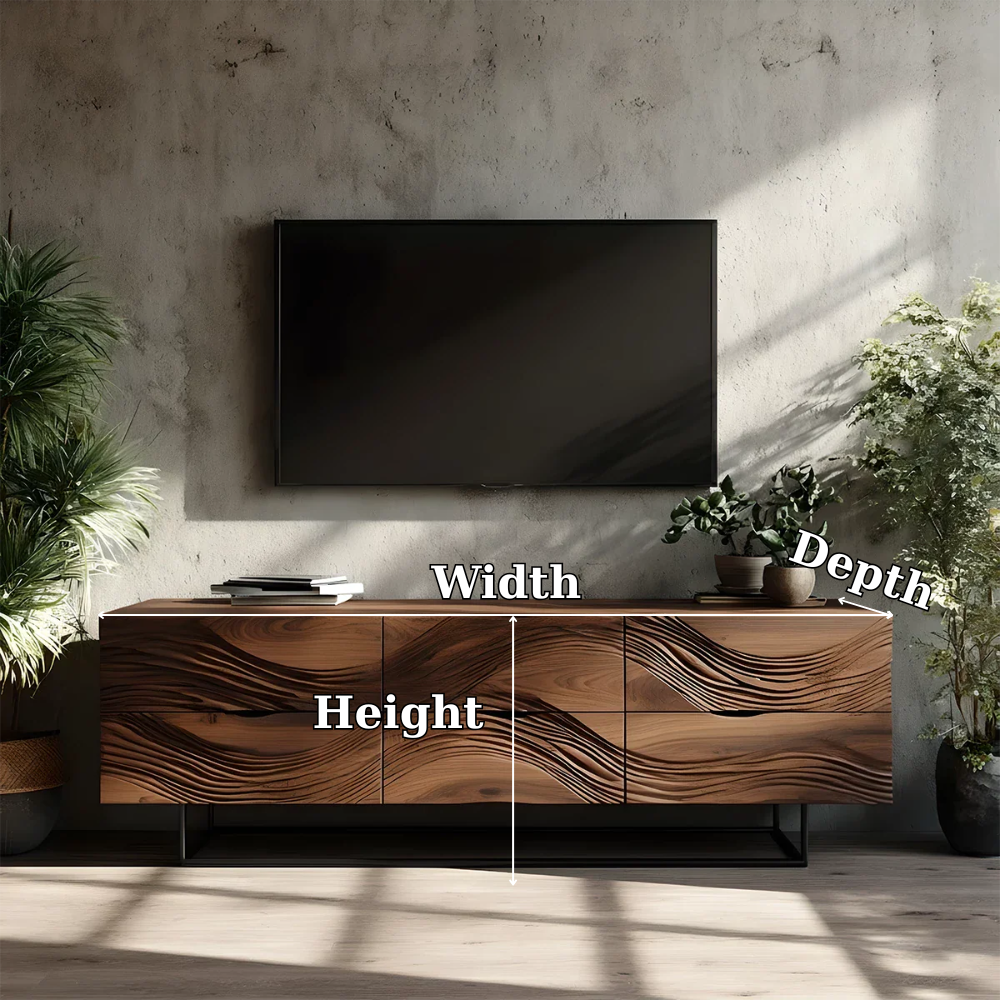 Solid Wood TV Stand Modern Walnut Media Console with Wave Design Storage