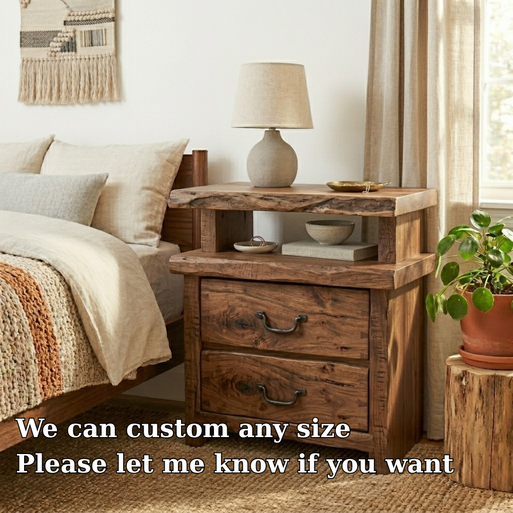 Solid Live Edge Nightstand - Rustic Industrial Table with Hand-Forged Handles