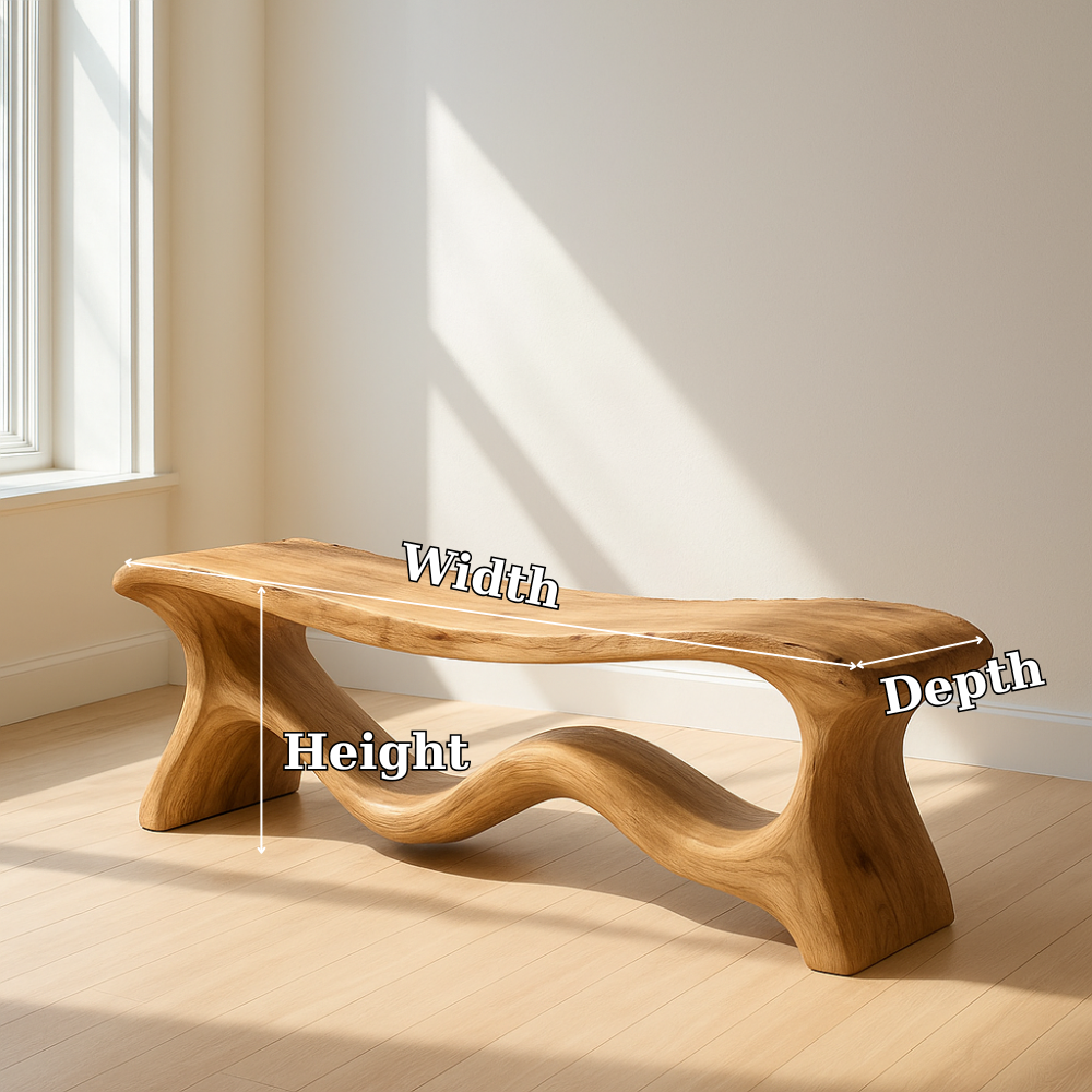 Modern Solid Wood Bench with Artistic Wave Base – Minimalist Wooden Bench