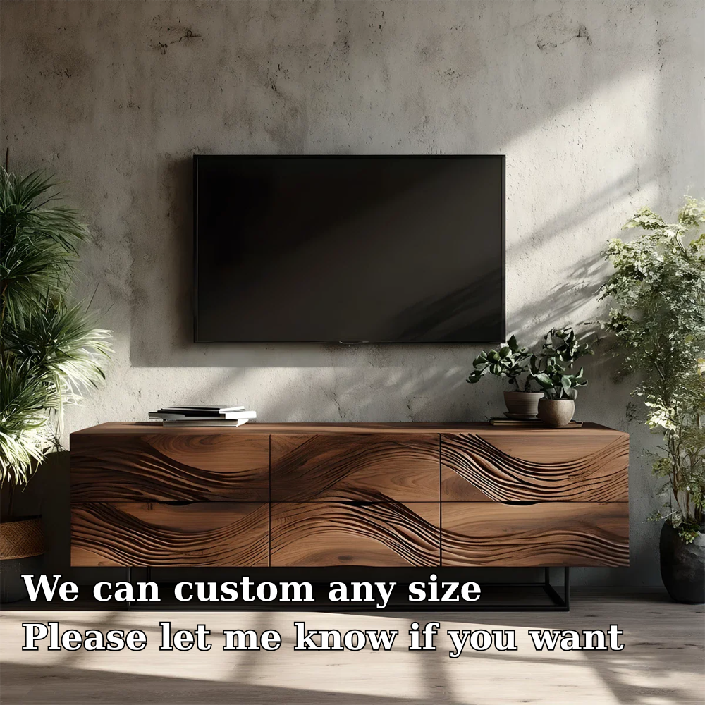 Solid Wood TV Stand Modern Walnut Media Console with Wave Design Storage