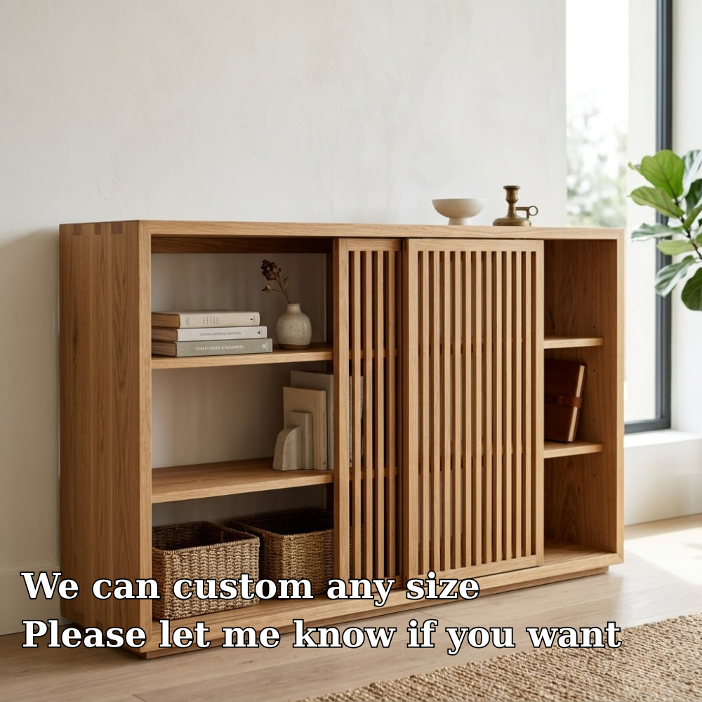 Solid Oak Console Cabinet with Sliding Slatted Doors – Modern Storage Sideboard