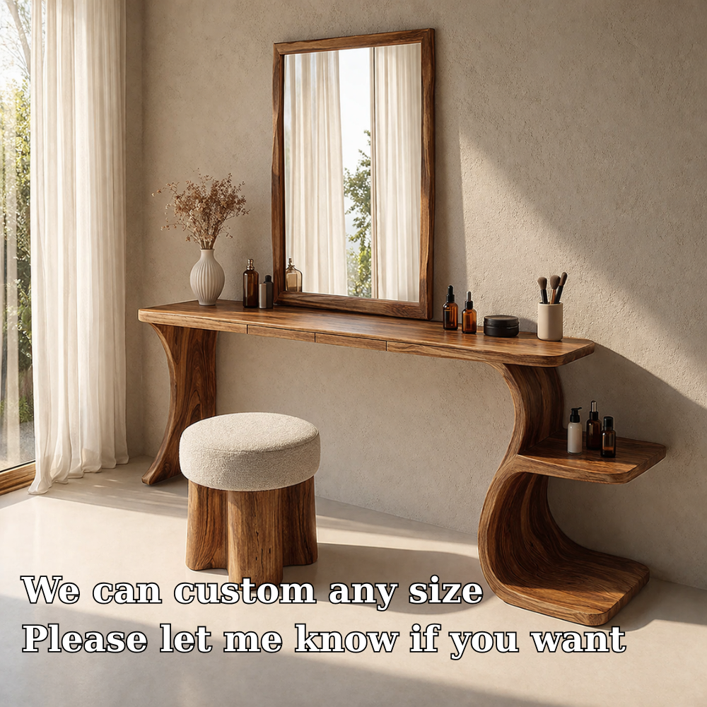 Handcrafted Solid Wood Makeup Vanity with Storage – Sculptural Modern Design