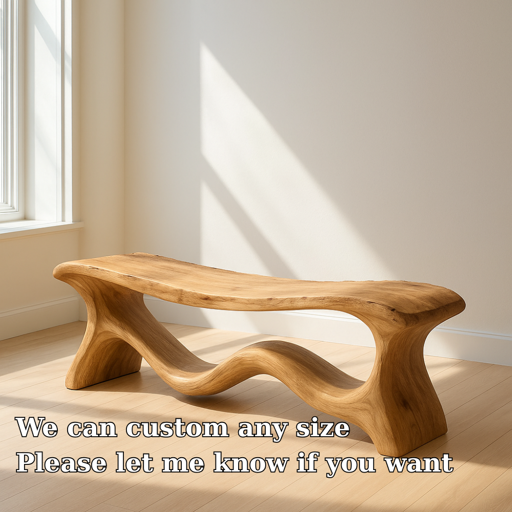 Modern Solid Wood Bench with Artistic Wave Base – Minimalist Wooden Bench